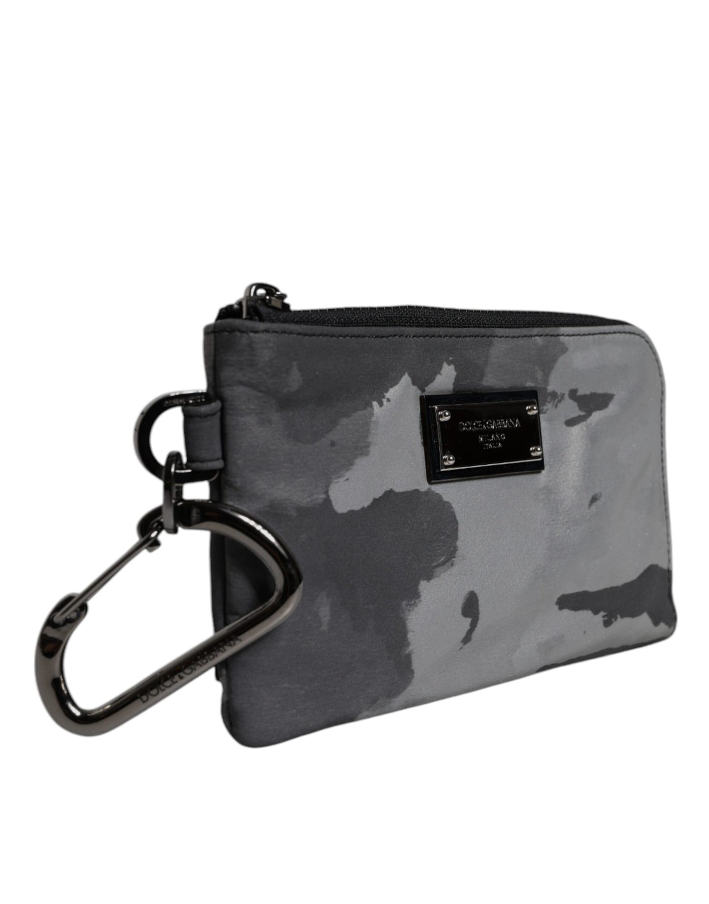 Dolce &amp; Gabbana – Schwarz-graue Camouflage-Tasche mit Logo-Plakette und Schlüsselanhänger