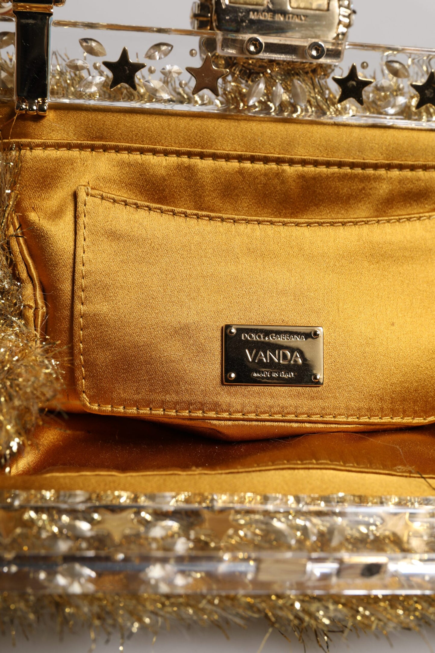 Dolce &amp; Gabbana Goldene Vanda Abendclutch mit Kettenriemen und Glitzerkristallen