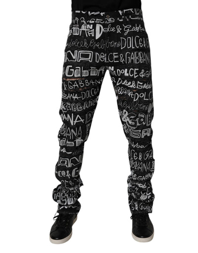 Dolce & Gabbana Black Cotton Logo Print Straight Denim Jeans