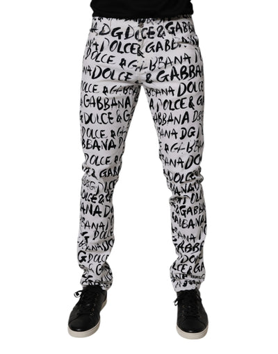 Dolce & Gabbana White Cotton Logo Print Skinny Denim Jeans