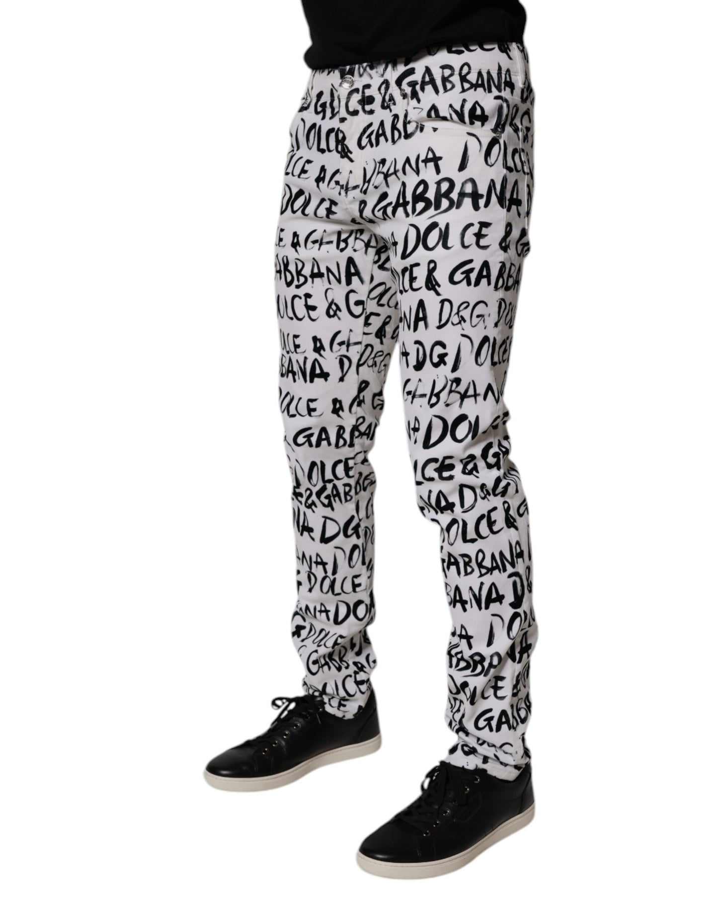 Dolce & Gabbana White Cotton Logo Print Skinny Denim Jeans