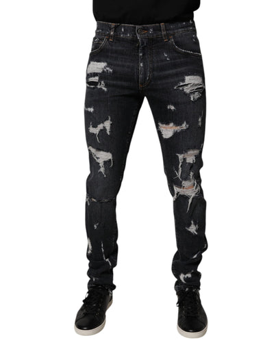 Dolce & Gabbana Black Tattered Cotton Skinny Men Denim Jeans