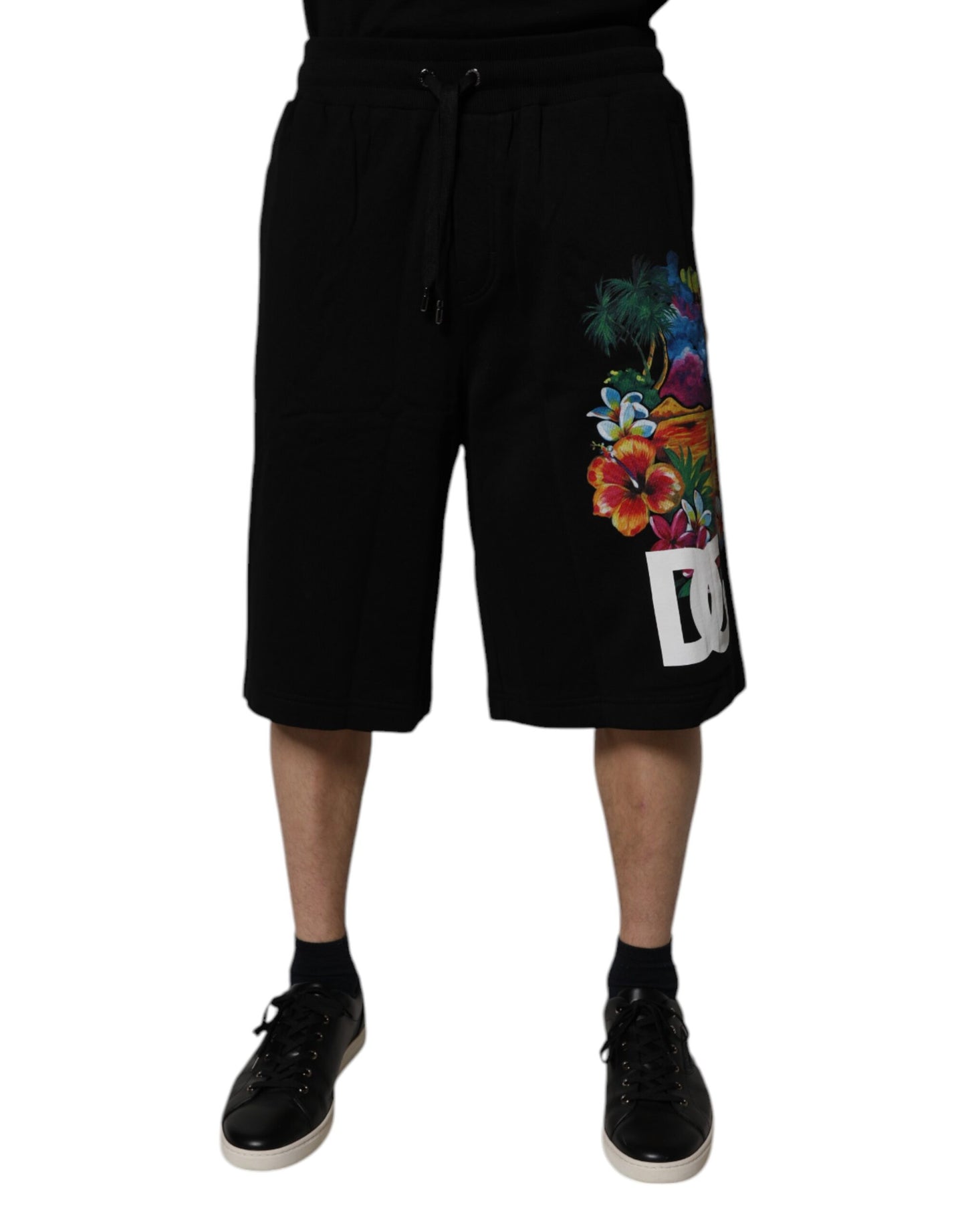 Dolce & Gabbana Black Cotton Logo Floral Print Bermuda Shorts