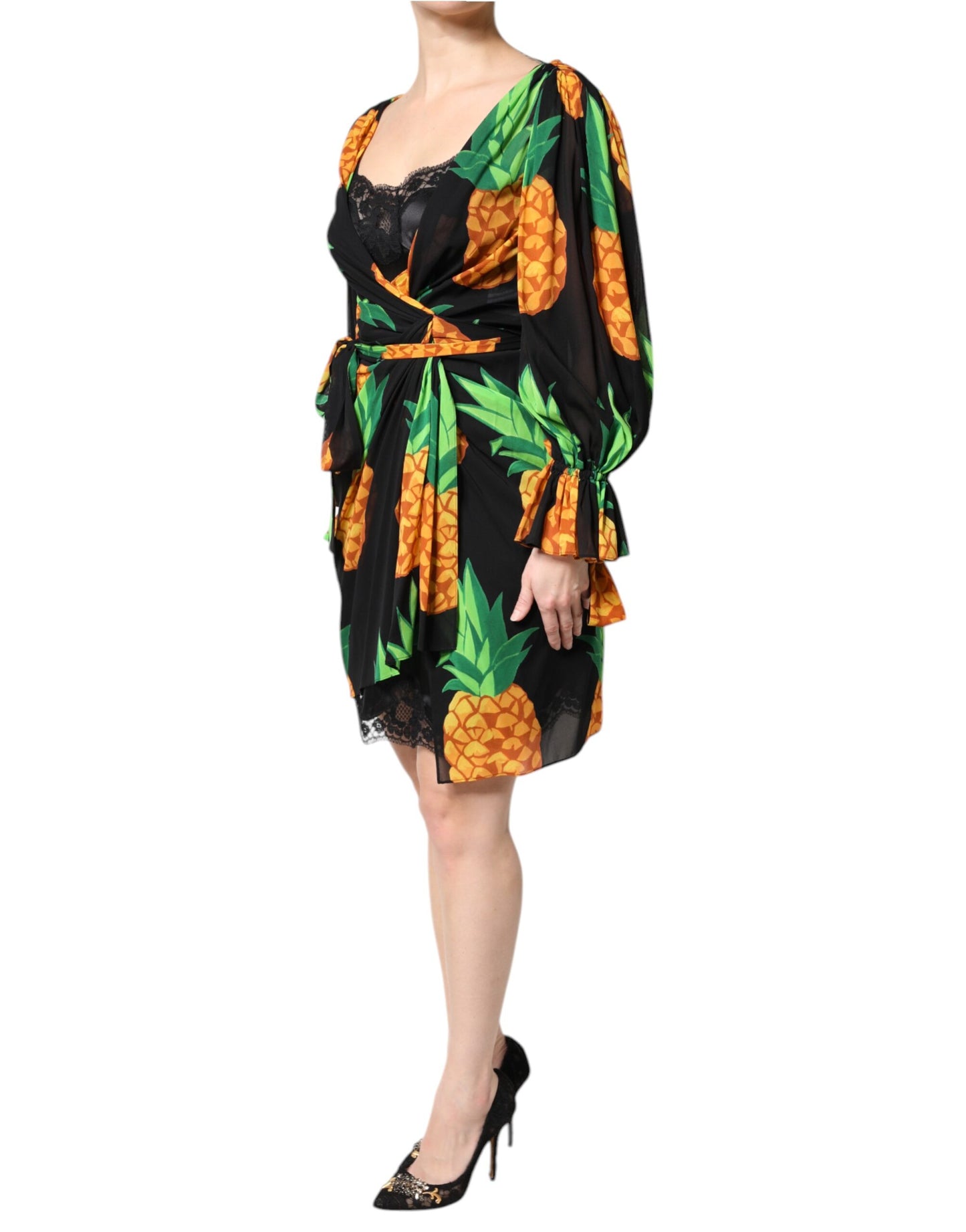 Dolce &amp; Gabbana Schwarzes Wickelkleid aus Seide mit Ananas-Print