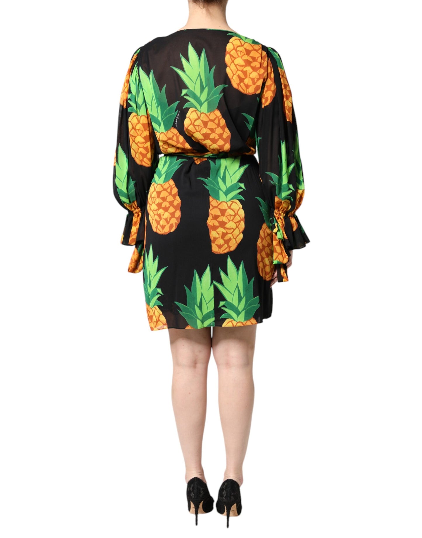Dolce &amp; Gabbana Schwarzes Wickelkleid aus Seide mit Ananas-Print