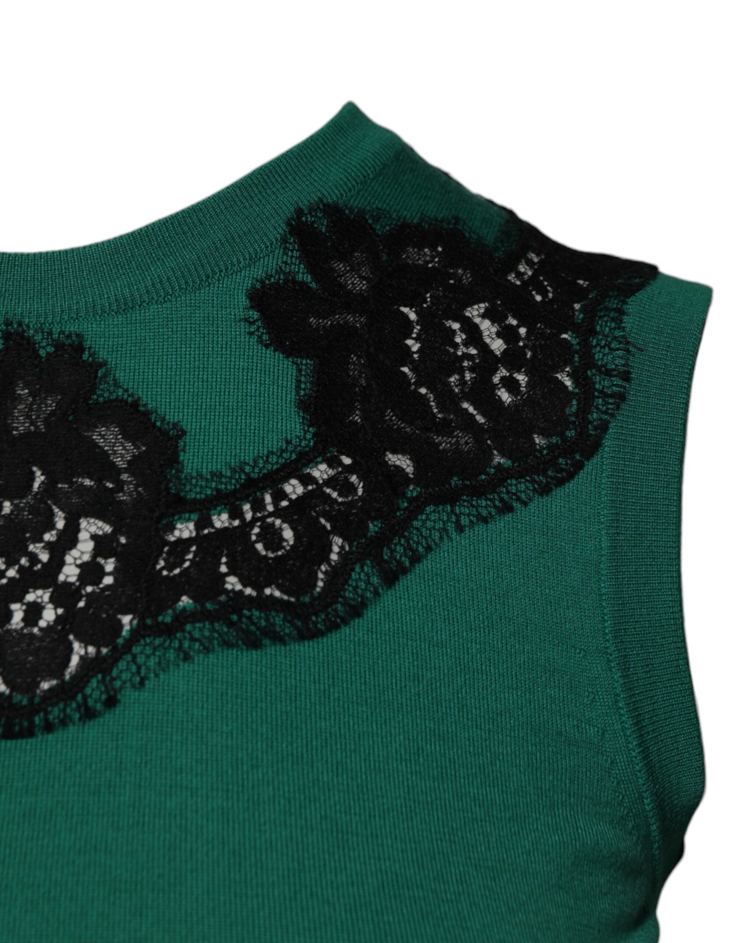 Dolce &amp; Gabbana, grünes ärmelloses Tanktop aus Wolle mit Spitzendetail