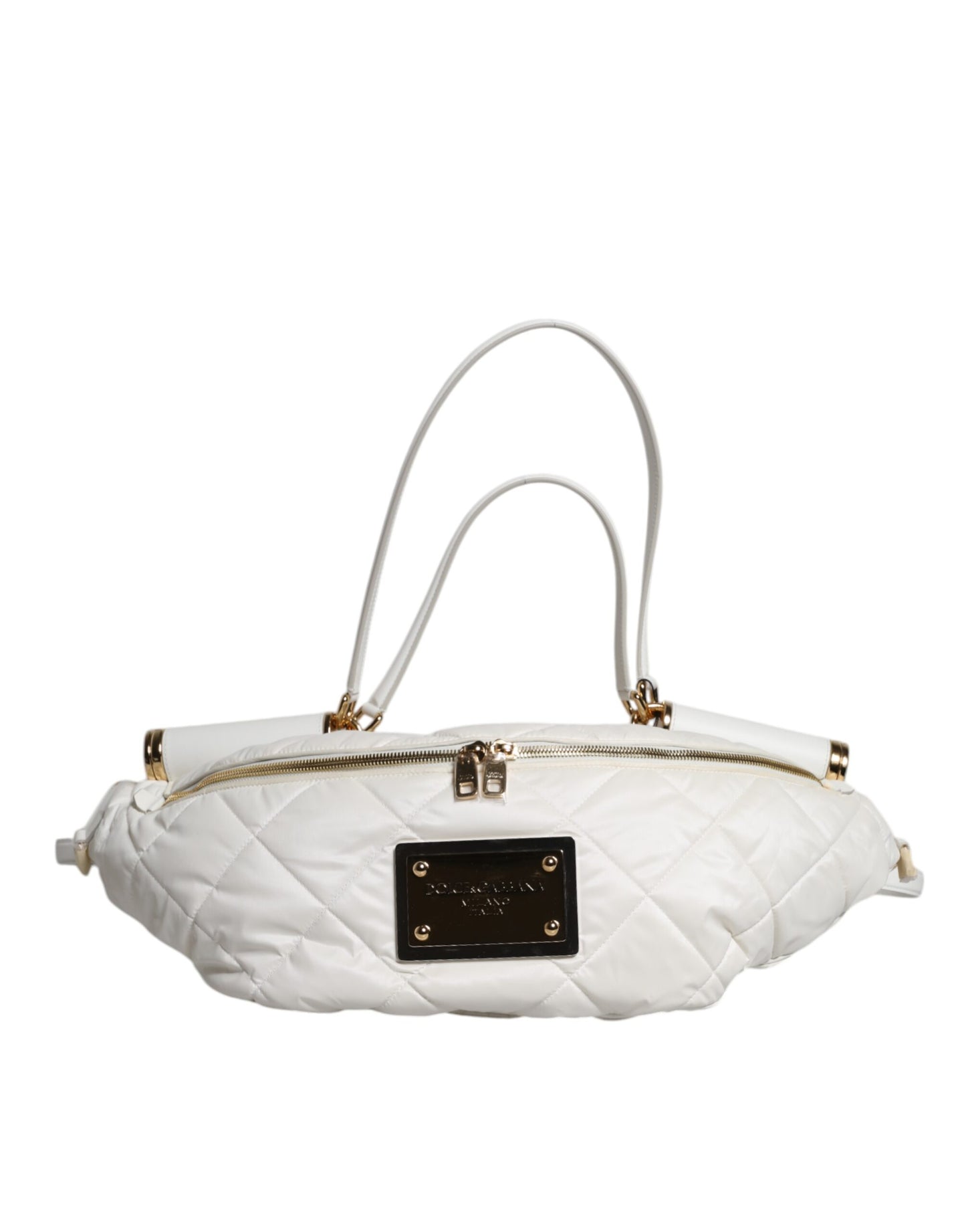 Dolce & Gabbana White Quilted Logo Plaque Belt Waist Fanny Pack Bag