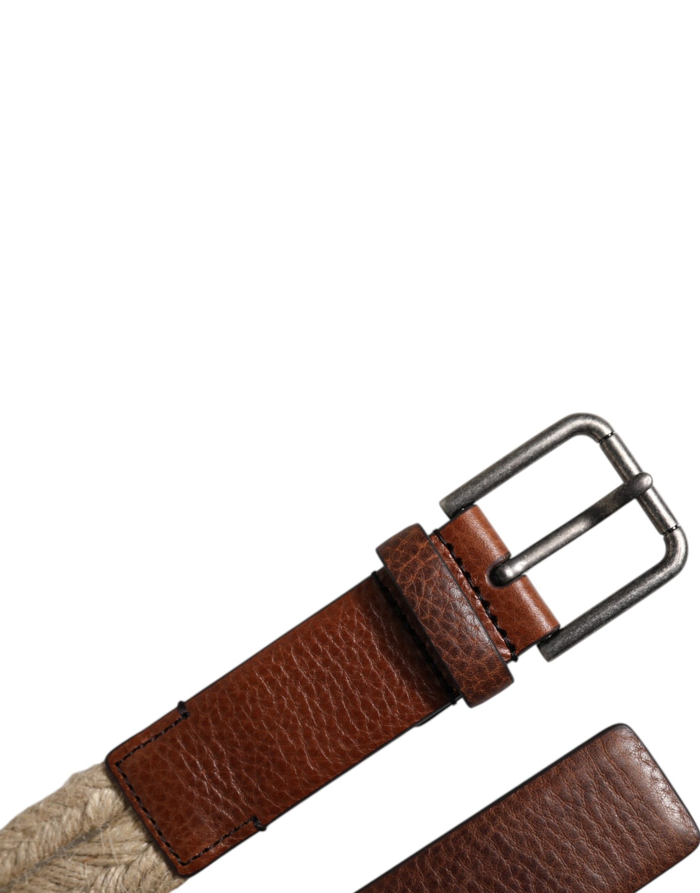 Dolce & Gabbana Brown Jute Leather Woven Metal Buckle Belt
