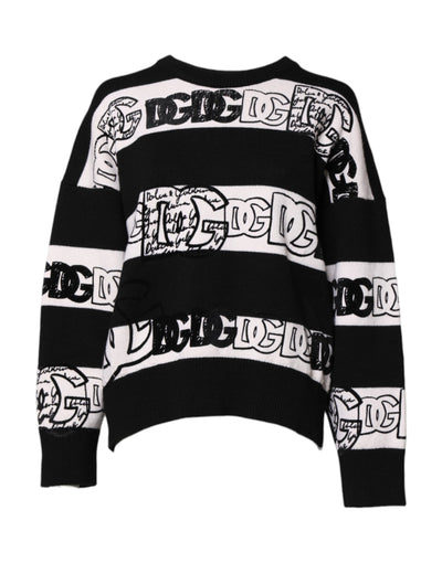 Dolce & Gabbana Black White Logo Print Wool Pullover Sweater