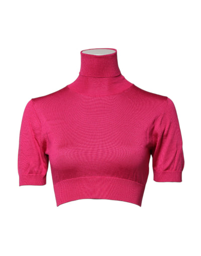 Dolce & Gabbana Pink Silk Knitted Turtleneck Cropped Top