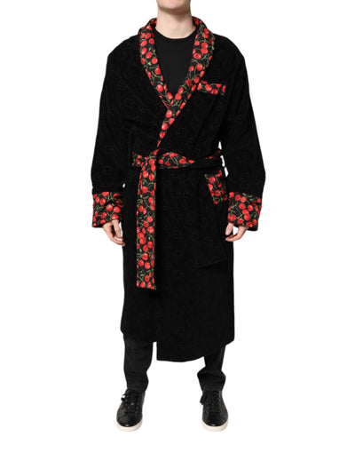 Dolce & Gabbana Black Cherry Print Wrap Robe Men Coat Jacket