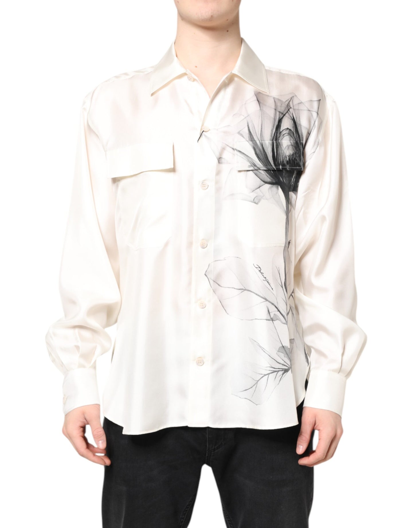 Dolce & Gabbana Ivory Silk Long Sleeves Men Casual Shirt