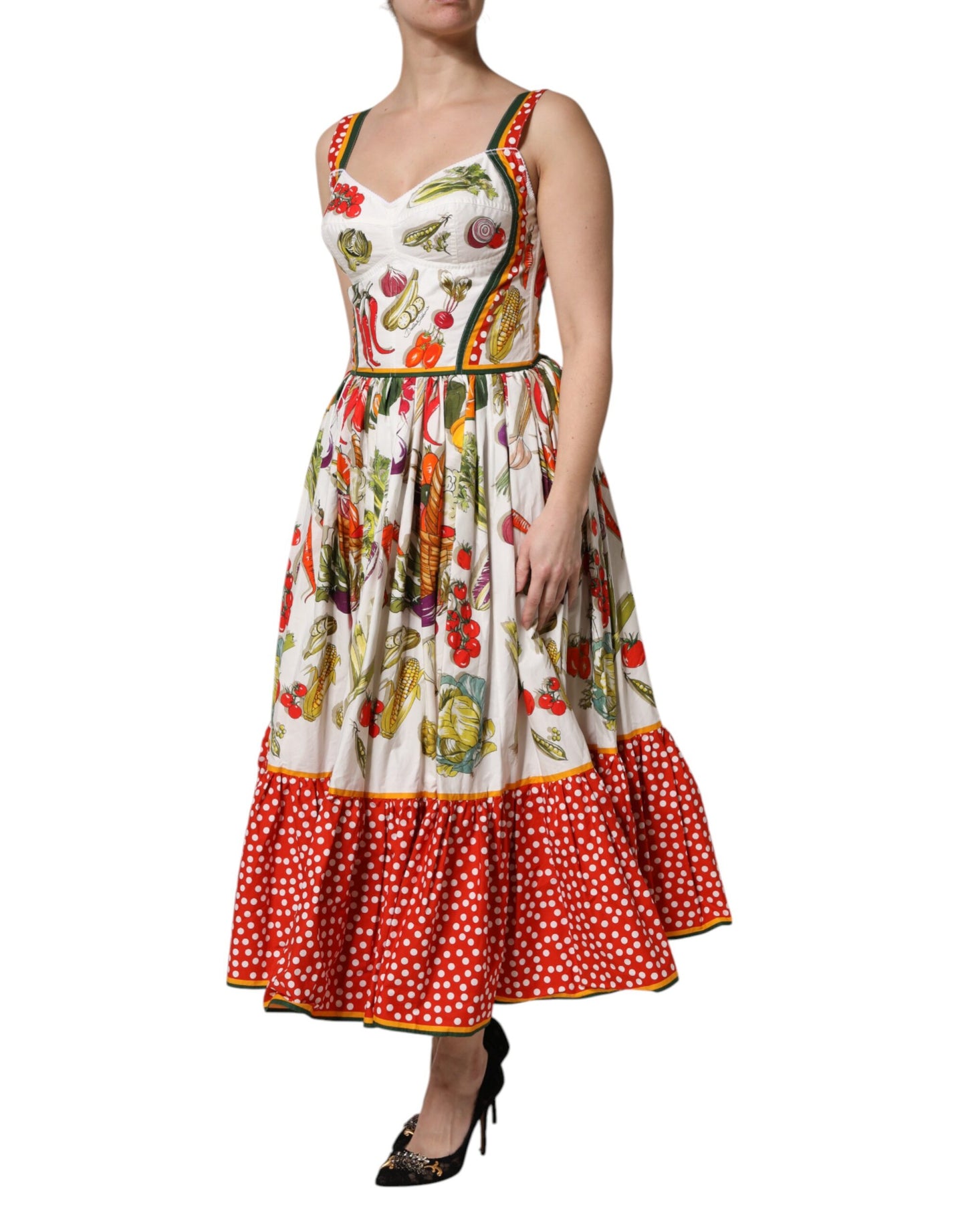 Dolce &amp; Gabbana Weißes ärmelloses Midikleid in A-Linie mit Gemüse