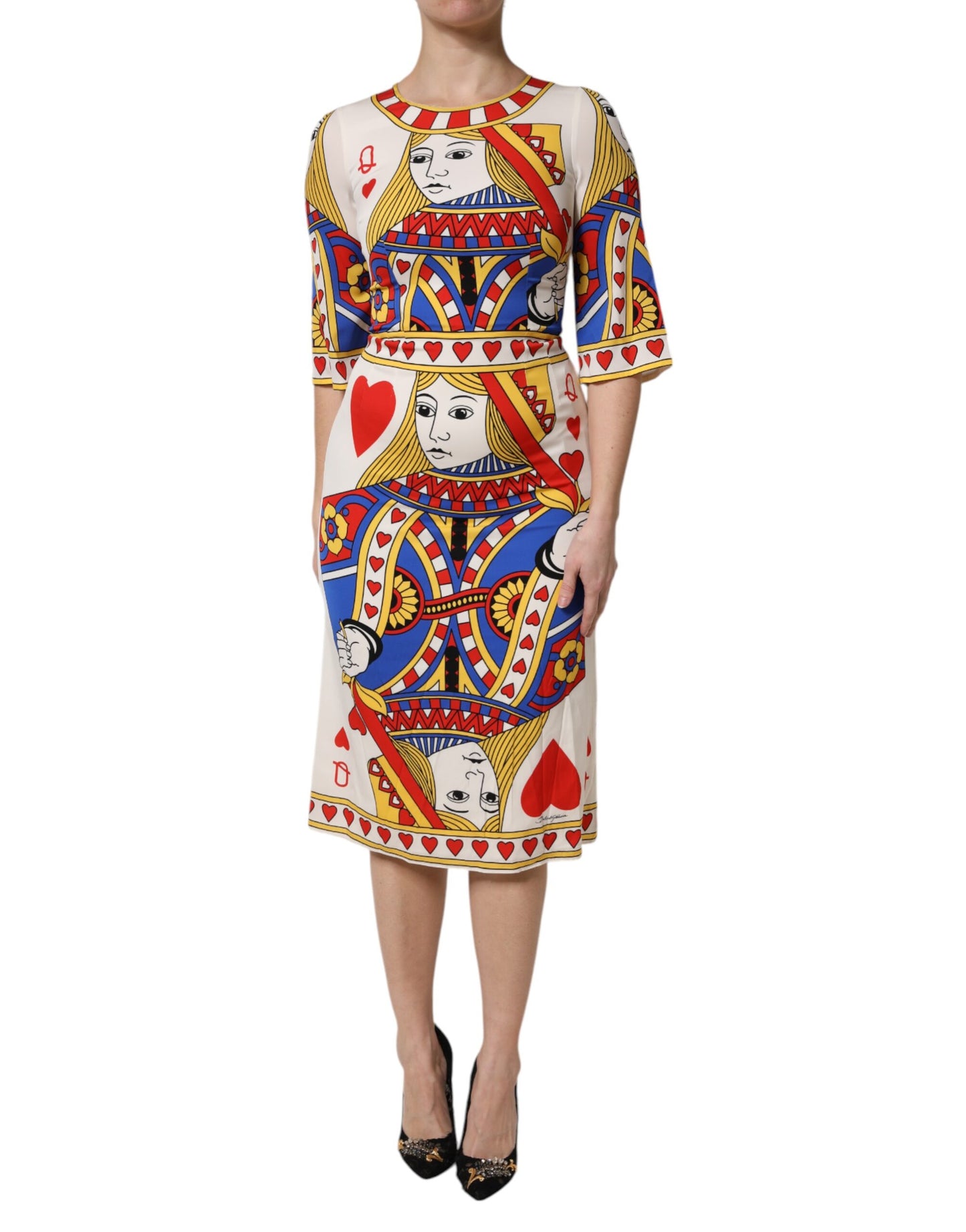 Dolce & Gabbana White Queen Of Heart Short Sleeve Midi Dress