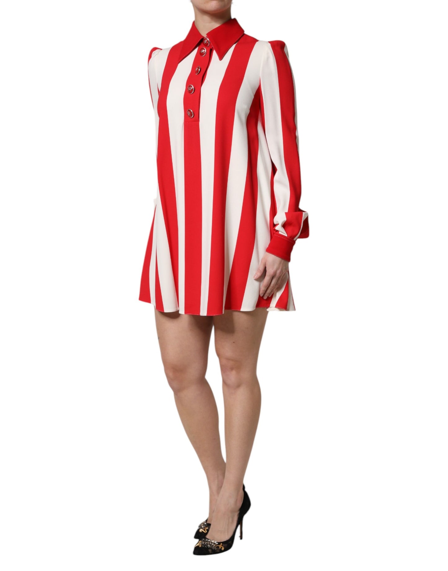 Dolce & Gabbana White Red Stripes Long Sleeves Mini Dress