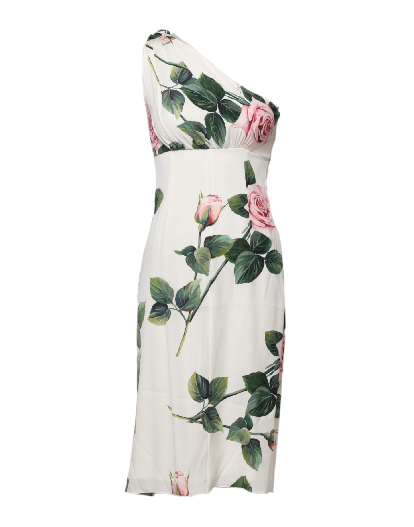 Dolce & Gabbana White Floral One Shoulder Sheath Midi Dress