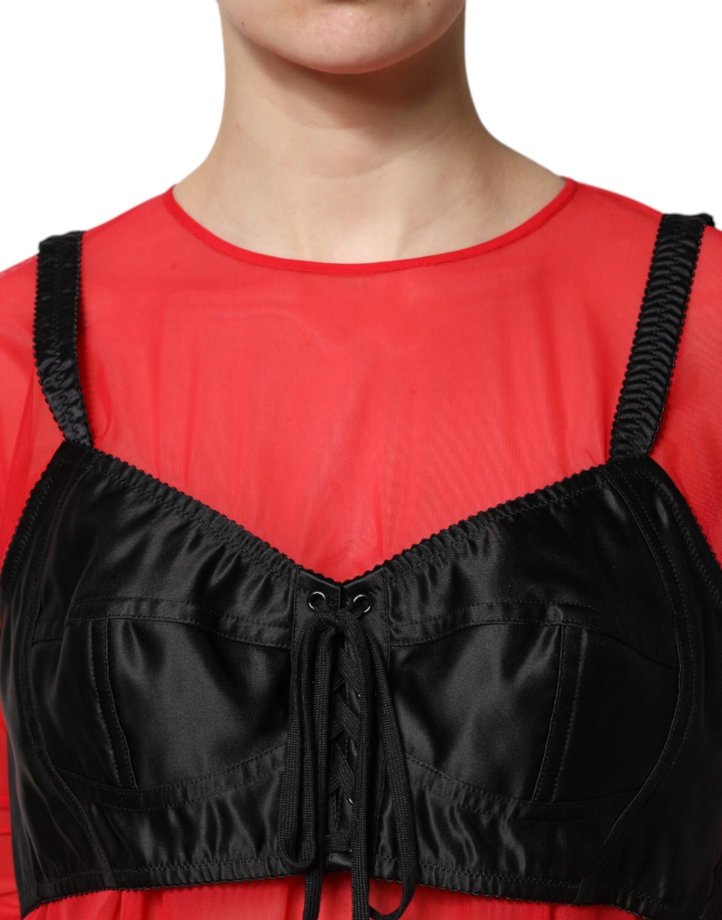 Dolce &amp; Gabbana – Rot-schwarzes Oberteil mit langen Ärmeln und Bustier-Detail