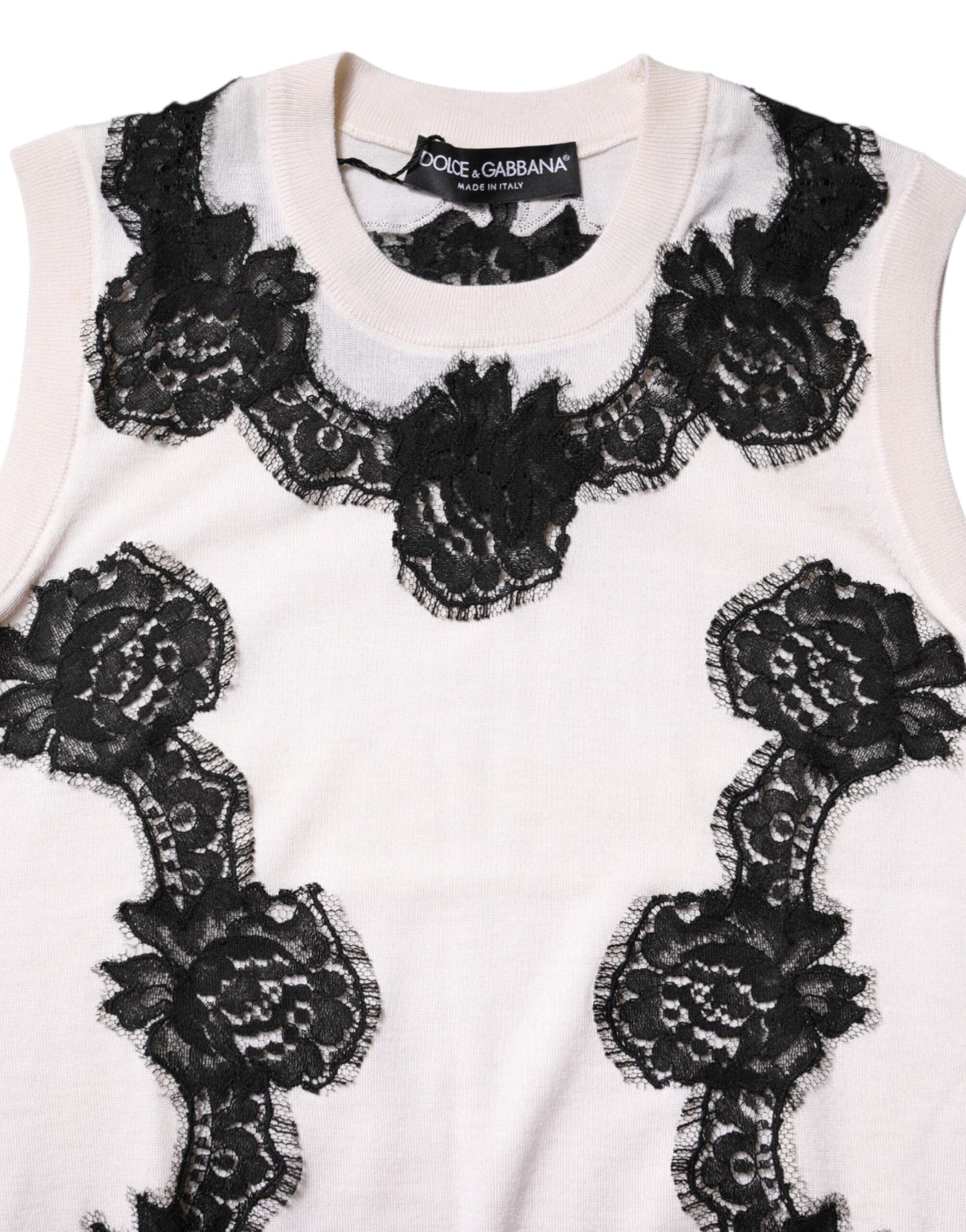 Dolce & Gabbana White Cashmere Floral Lace Detailing Tank Top