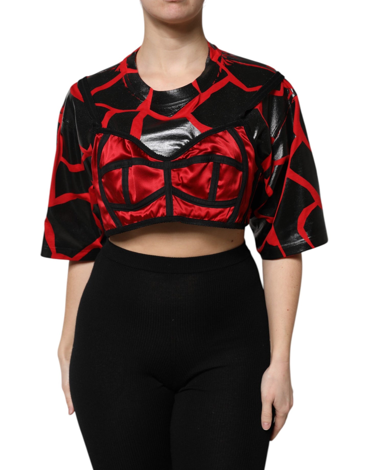 Dolce &amp; Gabbana – Kurzes Top aus Baumwolle mit Bustier-Detail in Rot und Schwarz