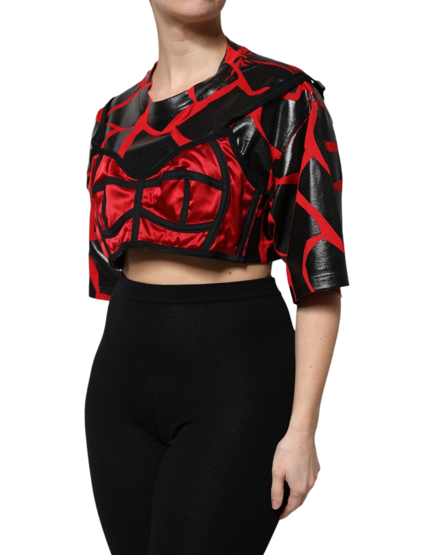 Dolce &amp; Gabbana – Kurzes Top aus Baumwolle mit Bustier-Detail in Rot und Schwarz