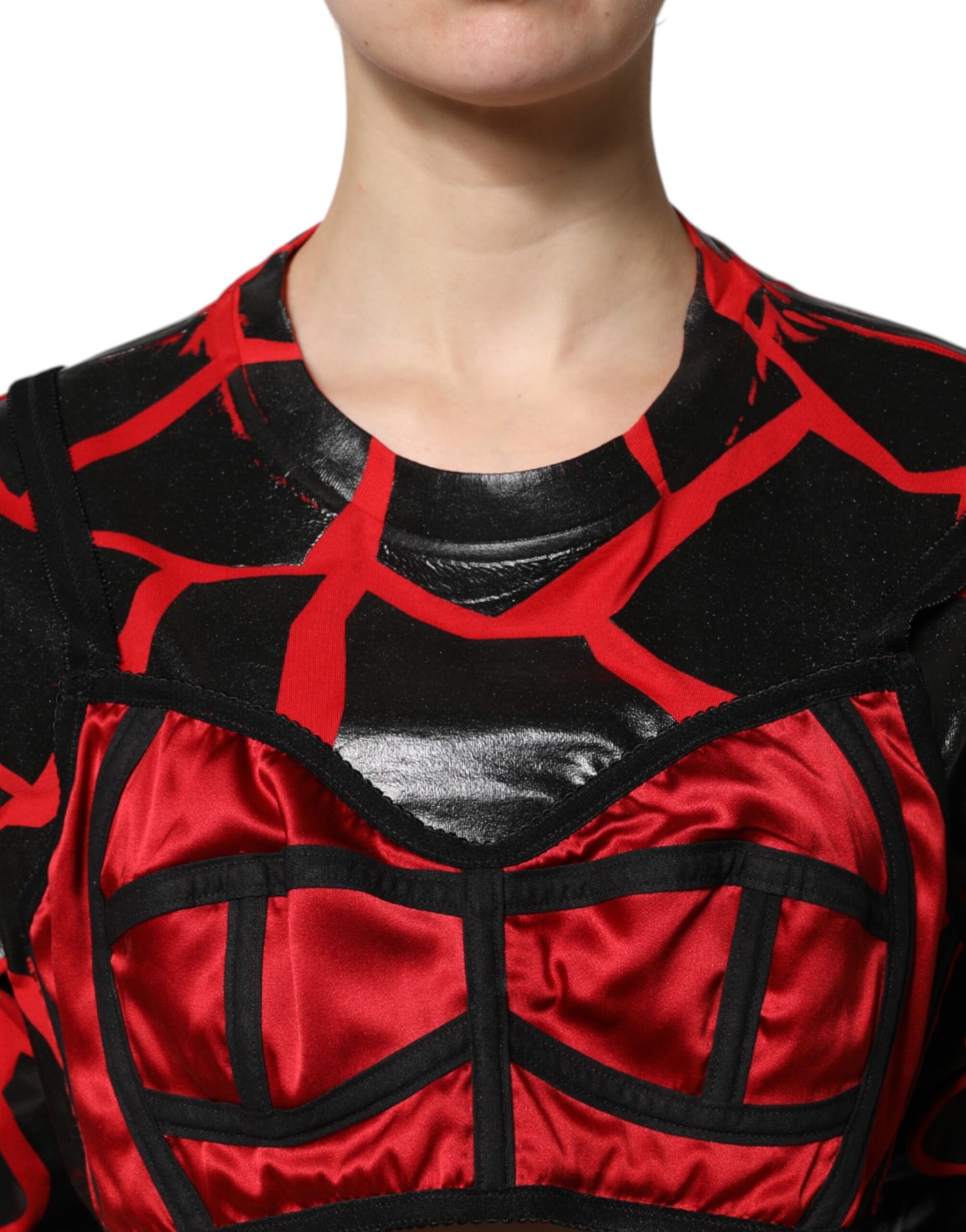 Dolce &amp; Gabbana – Kurzes Top aus Baumwolle mit Bustier-Detail in Rot und Schwarz