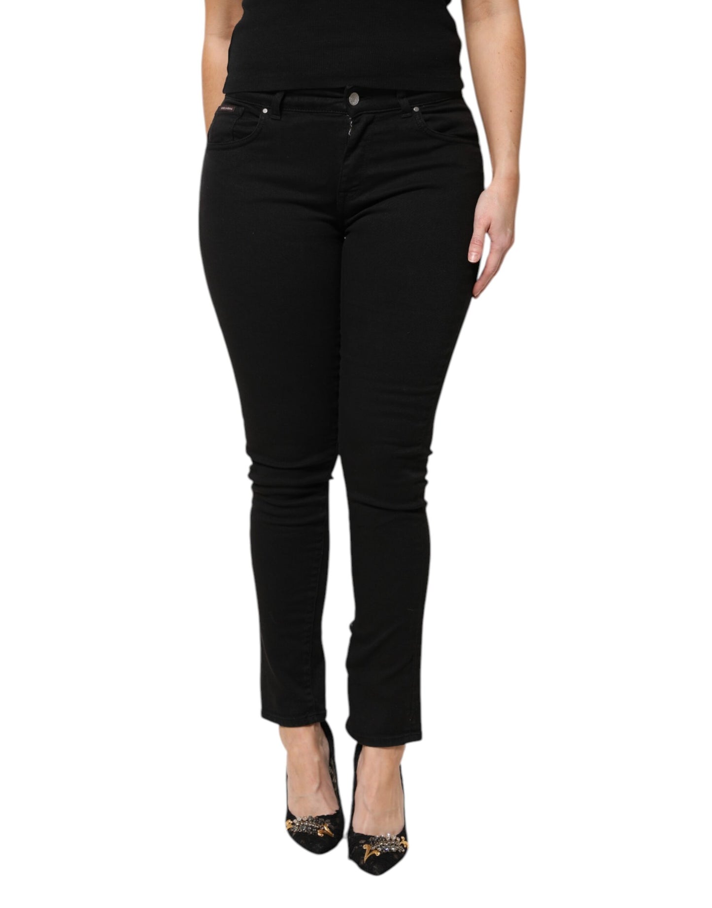 Dolce & Gabbana Black Cotton Logo Mid Waist Skinny Denim Jeans