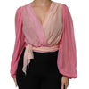 Dolce & Gabbana Pink Plunging V-neck Long Sleeves Blouse Top