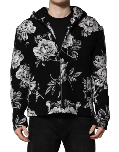 Dolce & Gabbana Black Wool Floral Printed Men Hooded Jacket