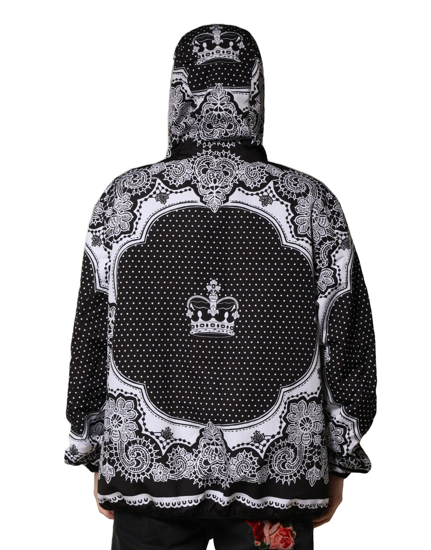 Dolce & Gabbana Black Bandana Print Hooded Bomber Jacket