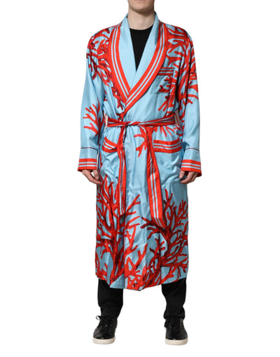Dolce & Gabbana Blue Red Coral Print Wrap Robe Coat Jacket