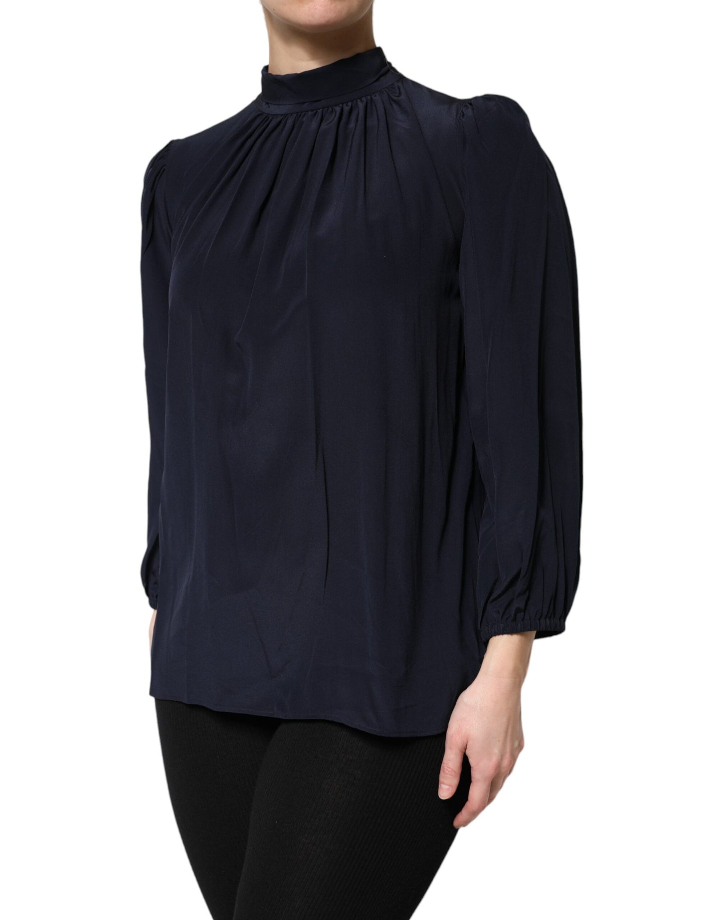 Dolce & Gabbana Blue Silk Mock Neck Long Sleeves Blouse Top