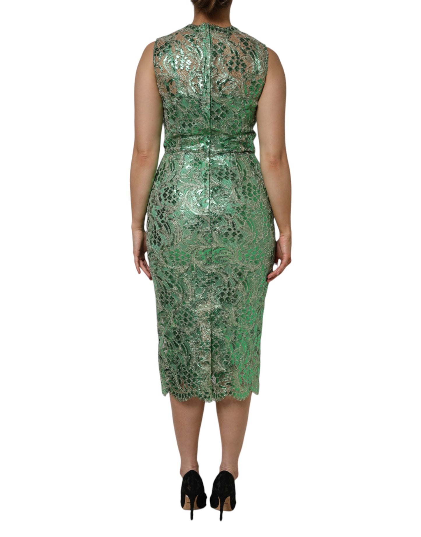 Dolce & Gabbana Green Cotton Floral Lace Sheath Midi Dress