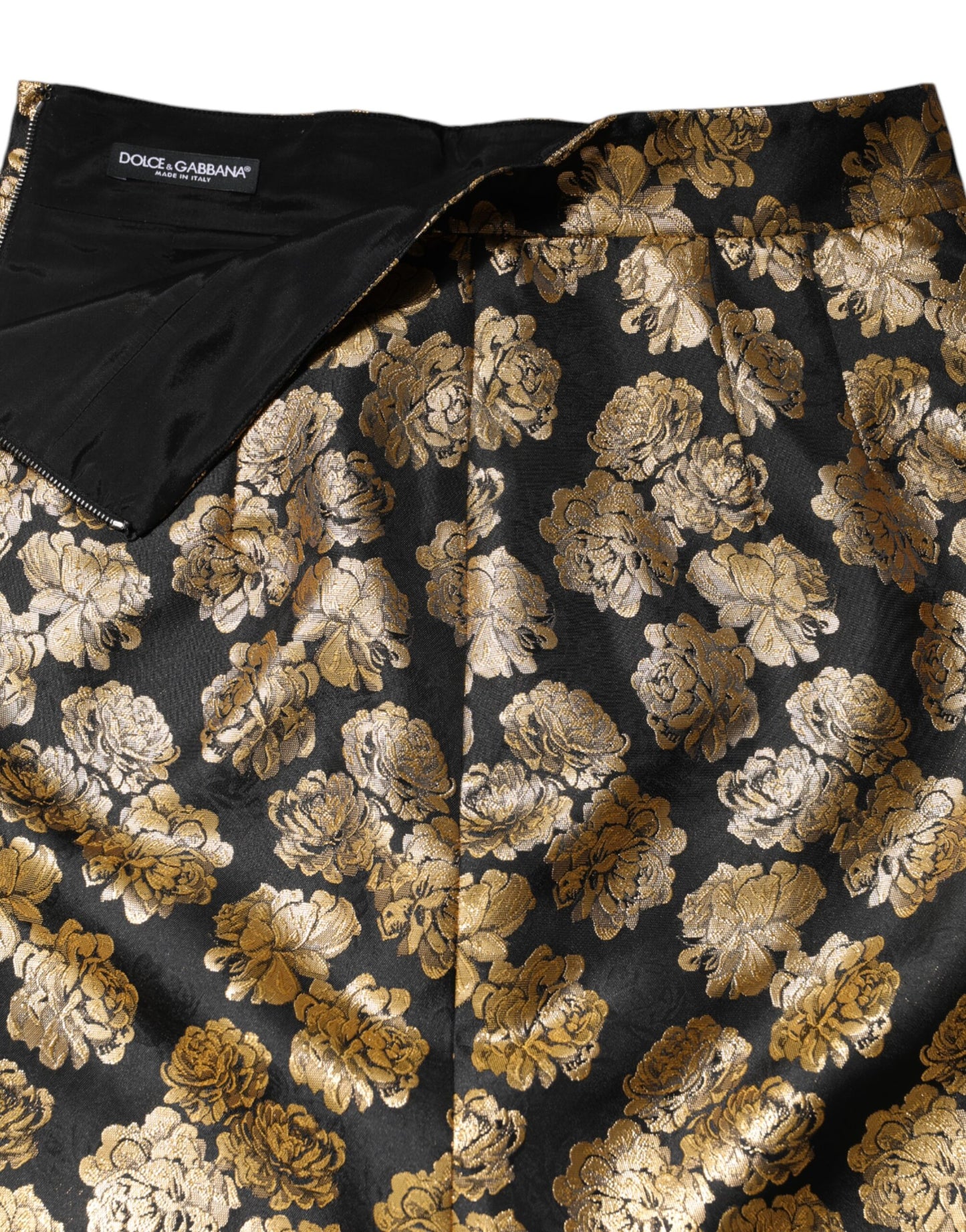 Dolce &amp; Gabbana – Schwarz-goldener Jacquard-Minirock mit Blumendruck