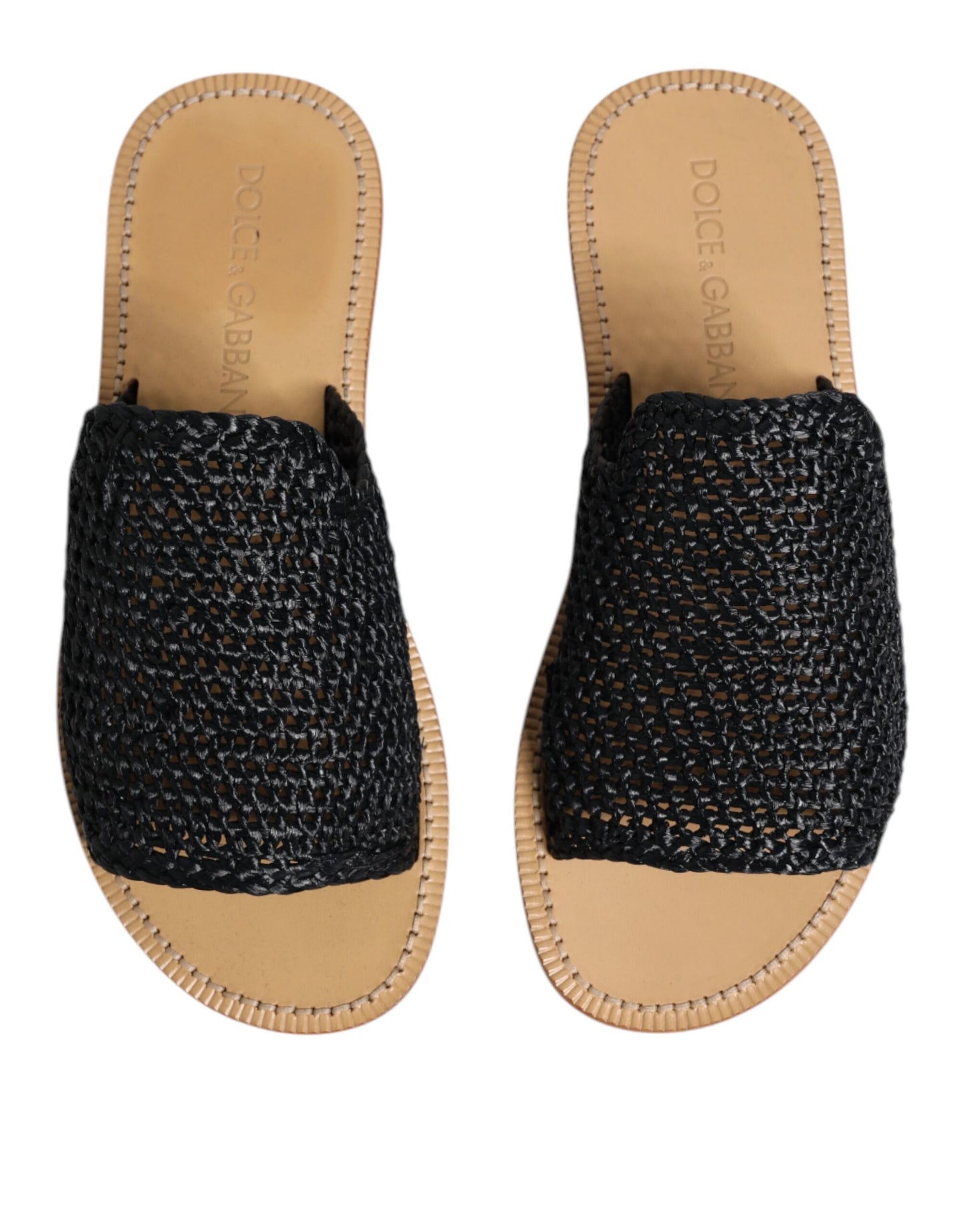 Dolce & Gabbana Black Monochrome Braided Raffia Slides Shoes