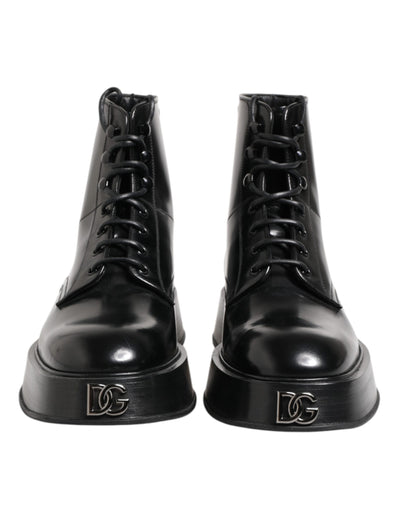 Dolce & Gabbana Black Leather Logo Ankle Boots Lace Up Shoes