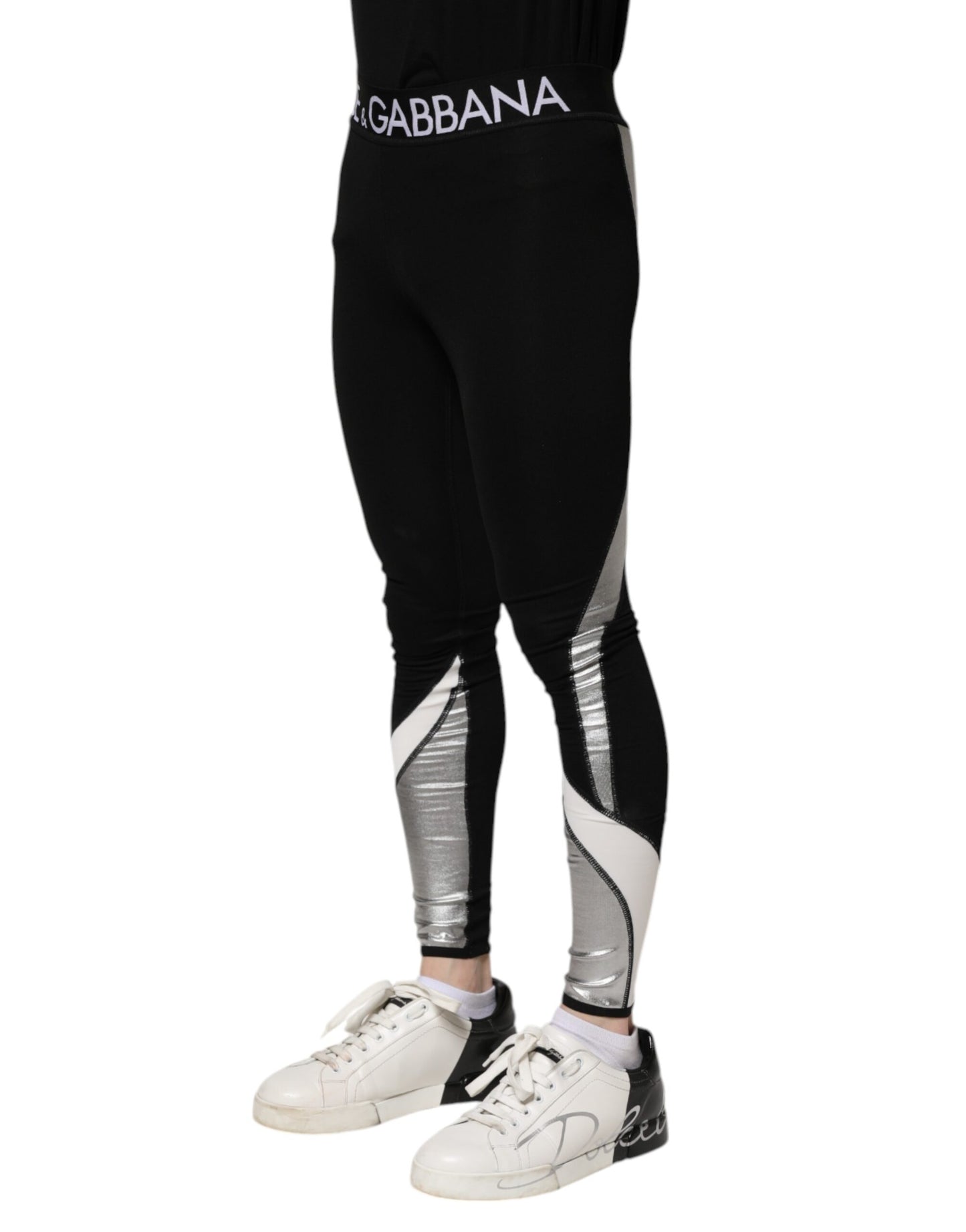 Dolce & Gabbana Black Silver Nylon Skinny Men Leggings Pants