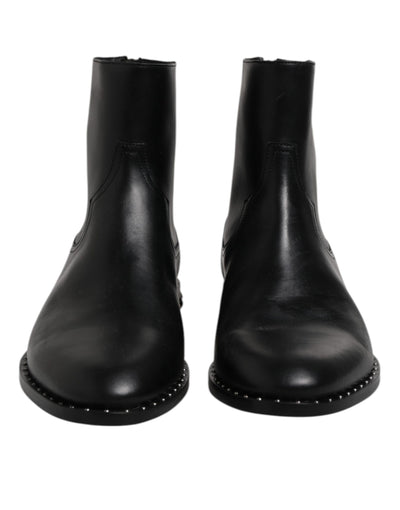 Dolce & Gabbana Black Leather Logo Ankle Boots Studded Shoes