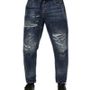 Dolce & Gabbana Blue Cotton Tattered Tapered Men Denim Jeans