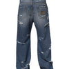 Dolce & Gabbana Blue Tattered Cotton Logo Plaque Denim Jeans