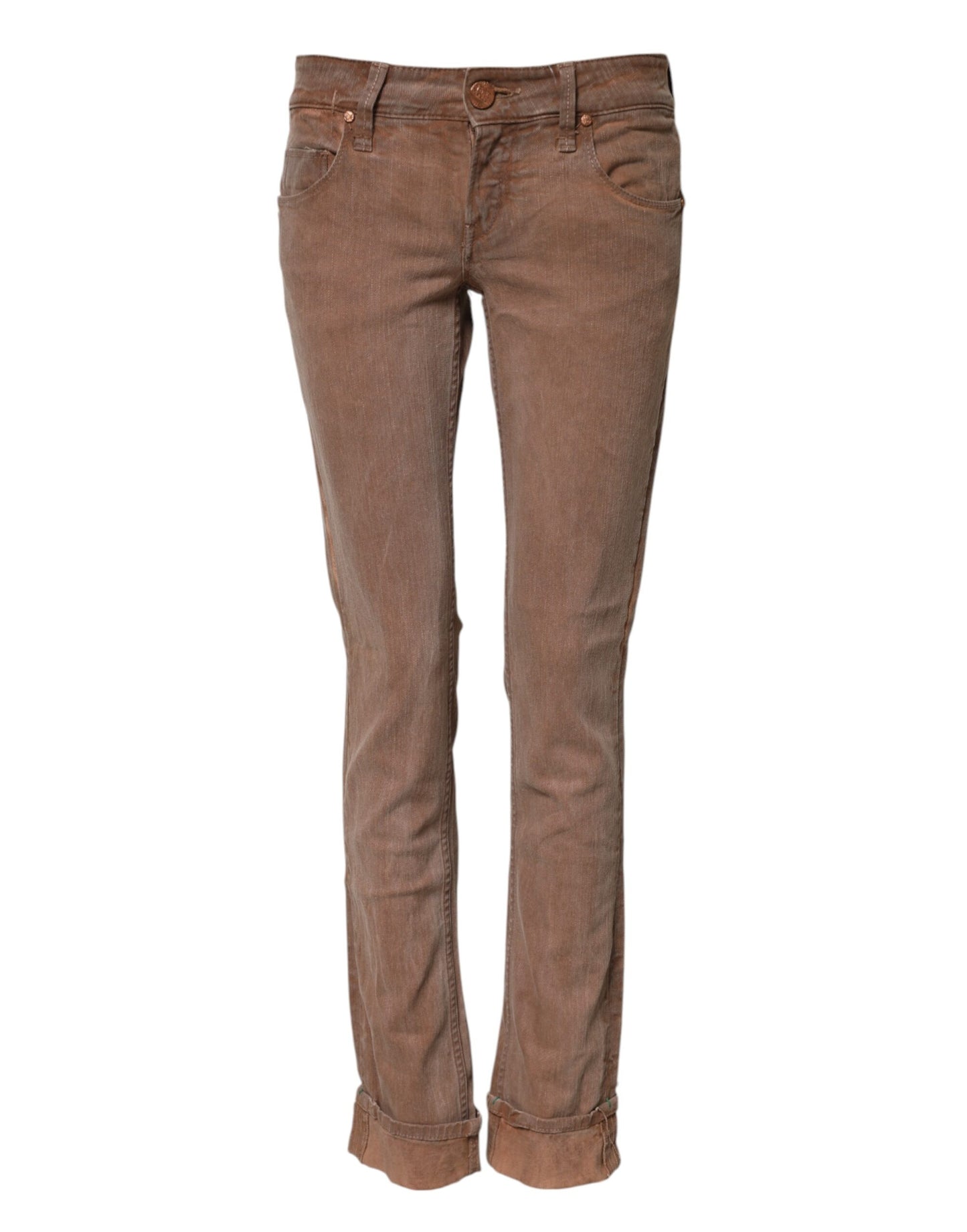 Acht Slim Fit Jeans aus Baumwolle in Braun mit niedriger Taille