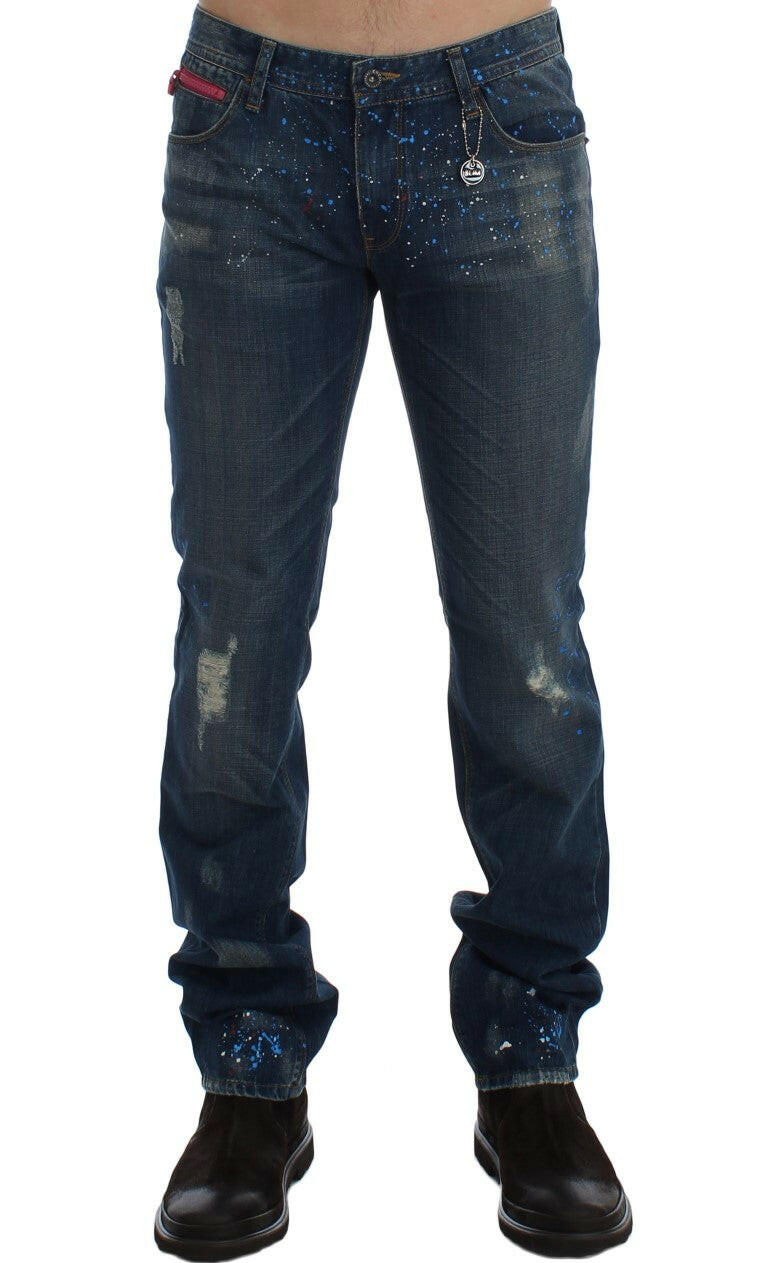 Costume National Blue Wash Paint Slim Fit Pants Jeans