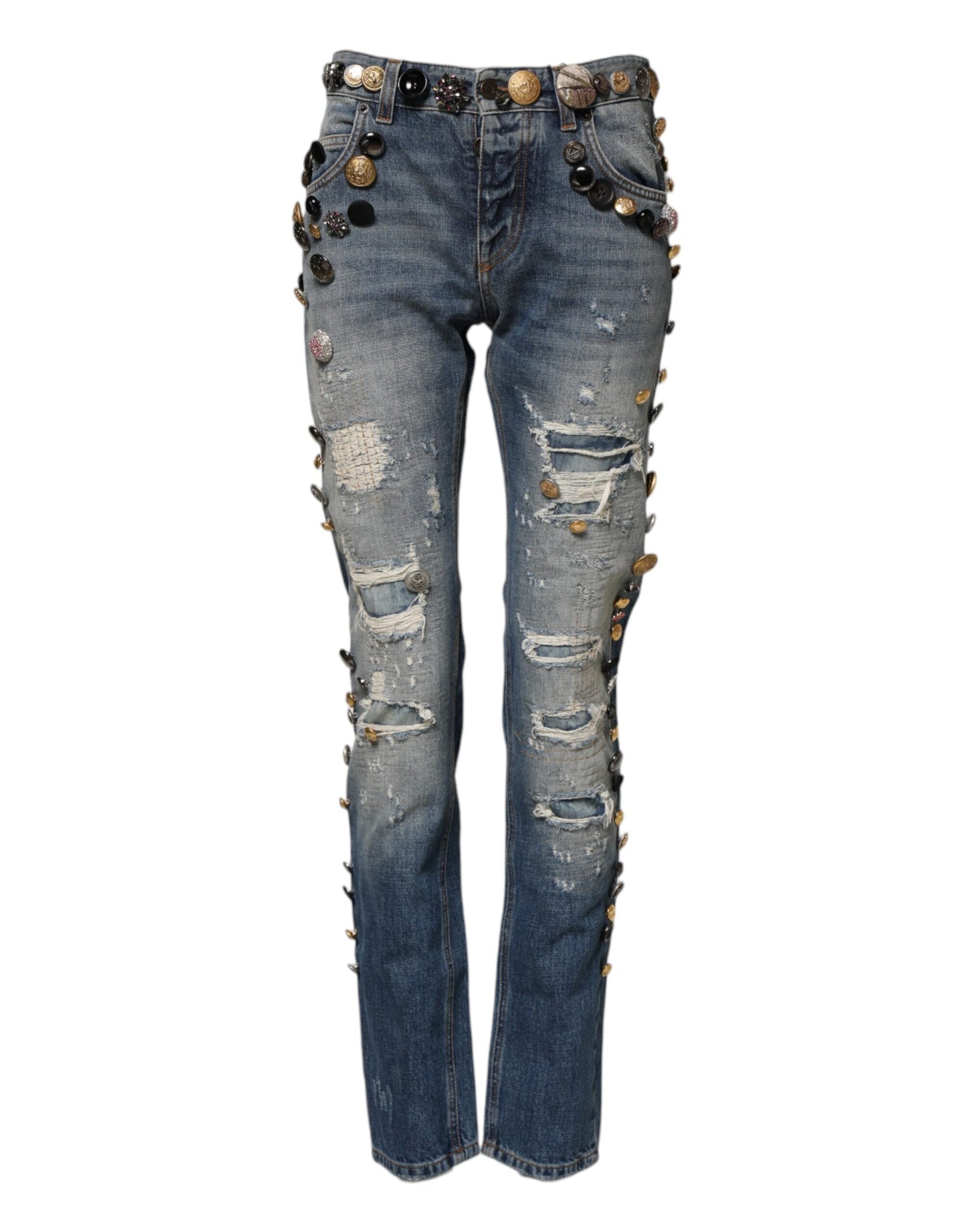 Dolce &amp; Gabbana – Blaue, zerfetzte Skinny-Denim-Jeans mit Verzierung 