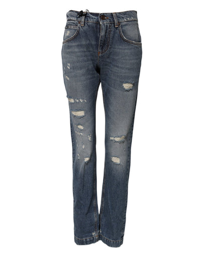 Dolce & Gabbana Blue Cotton Tattered Mid Waist Denim Jeans