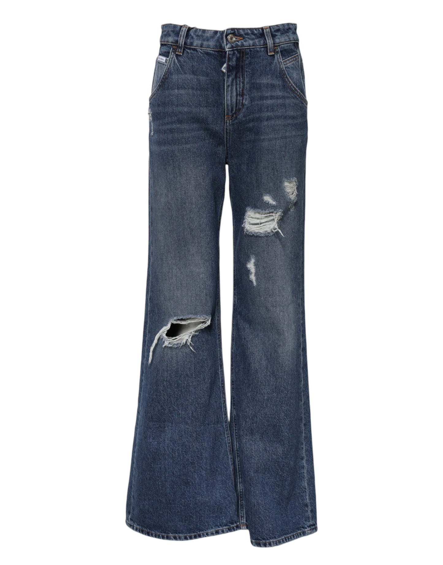 Dolce &amp; Gabbana – Blaue, zerfetzte Baumwolljeans mit weitem Bein 