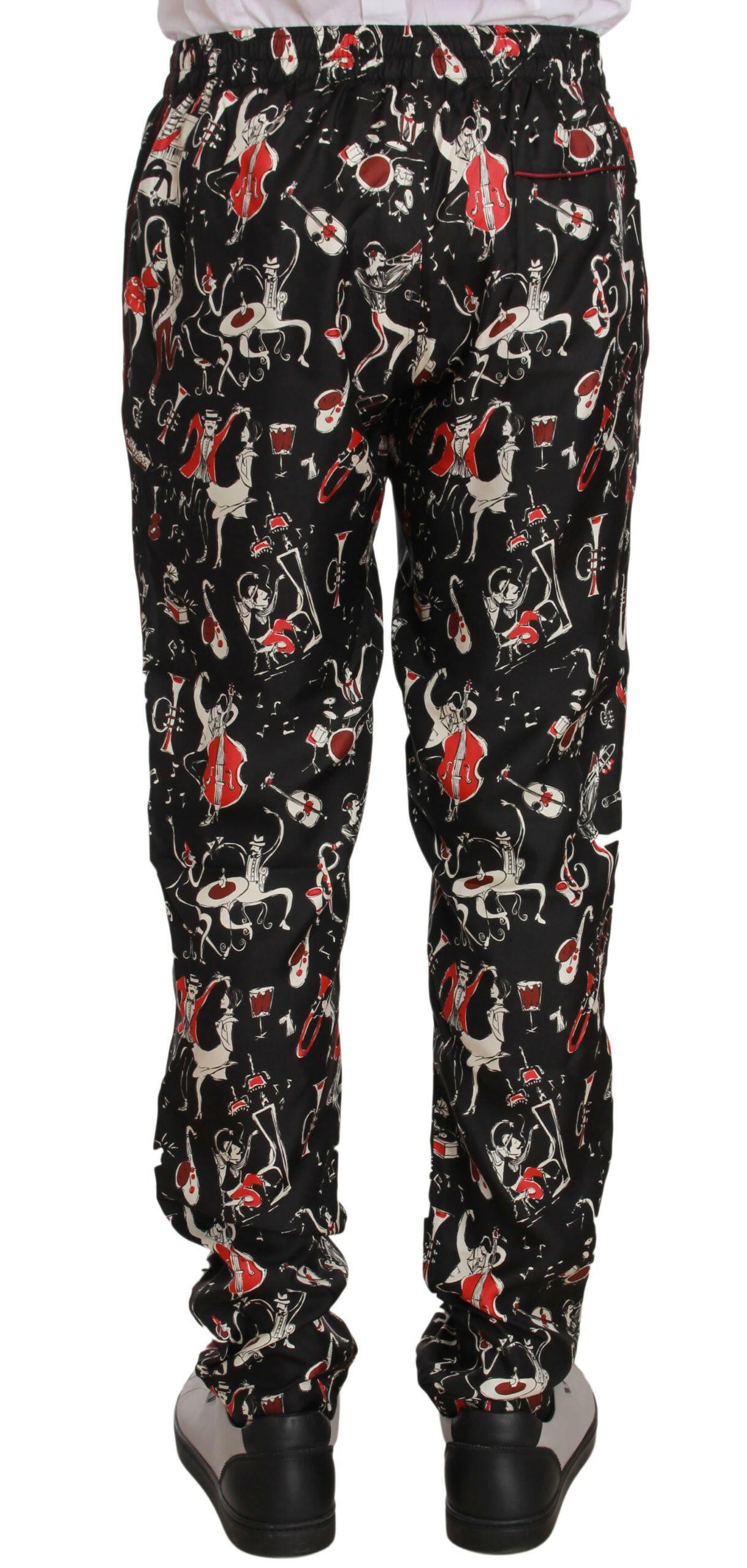 Pantalon de survêtement élégant en soie noire à imprimé rouge Dolce &amp; Gabbana