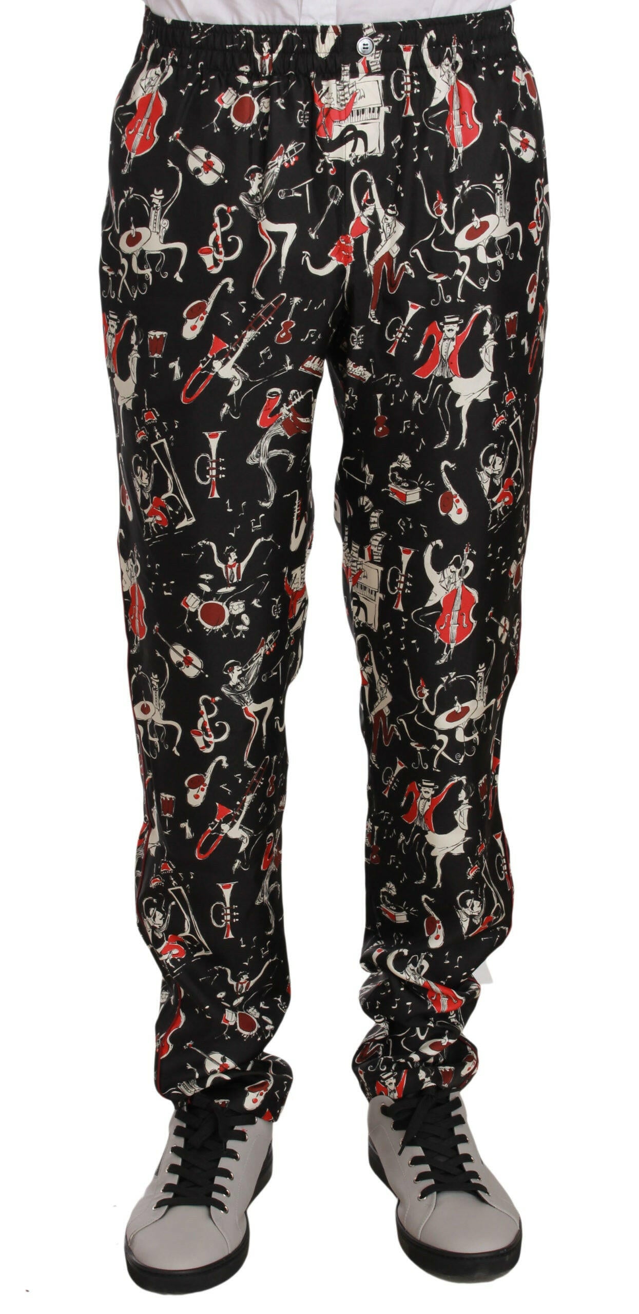 Pantalon de survêtement élégant en soie noire à imprimé rouge Dolce &amp; Gabbana