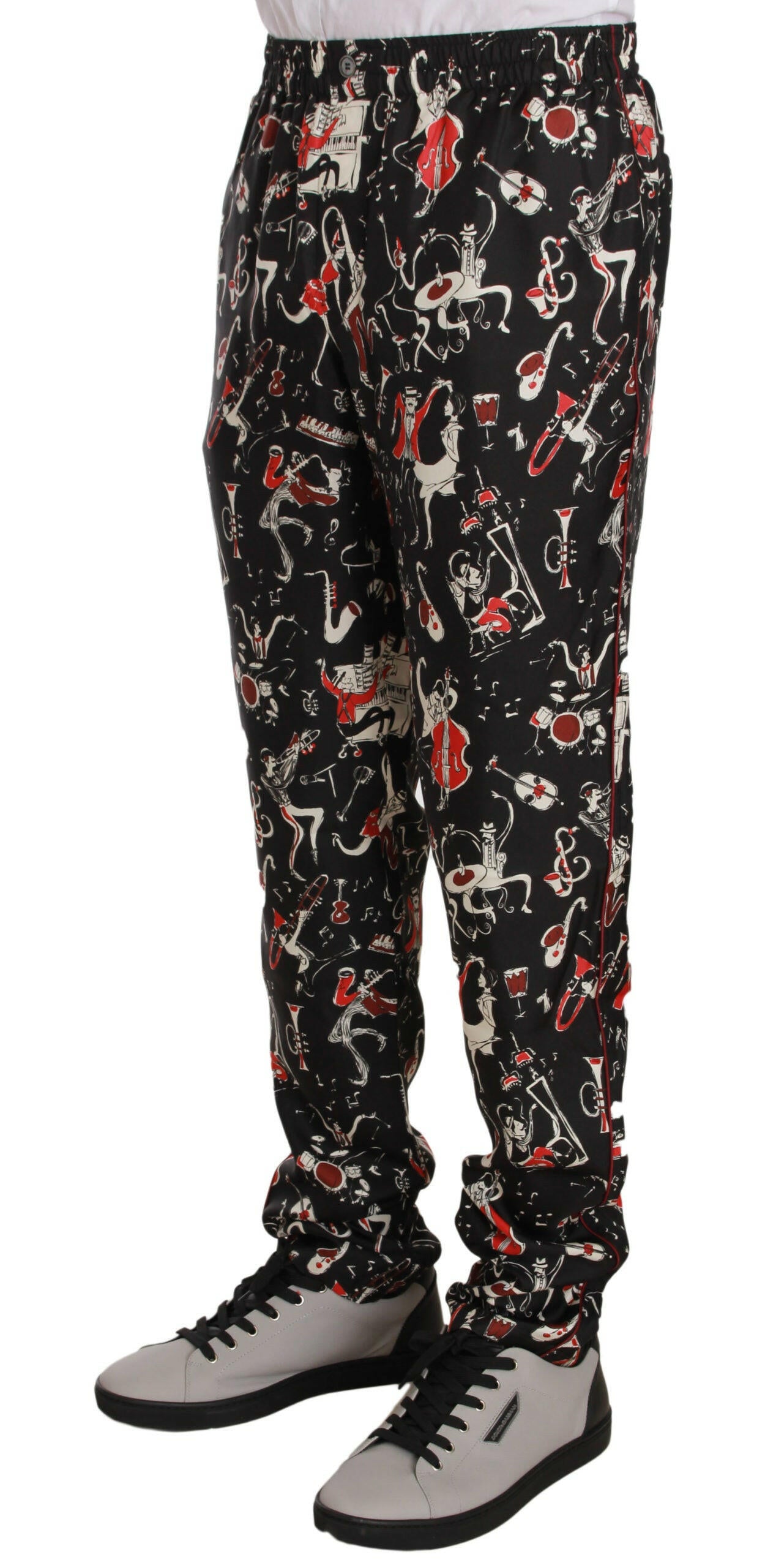 Pantalon de survêtement élégant en soie noire à imprimé rouge Dolce &amp; Gabbana