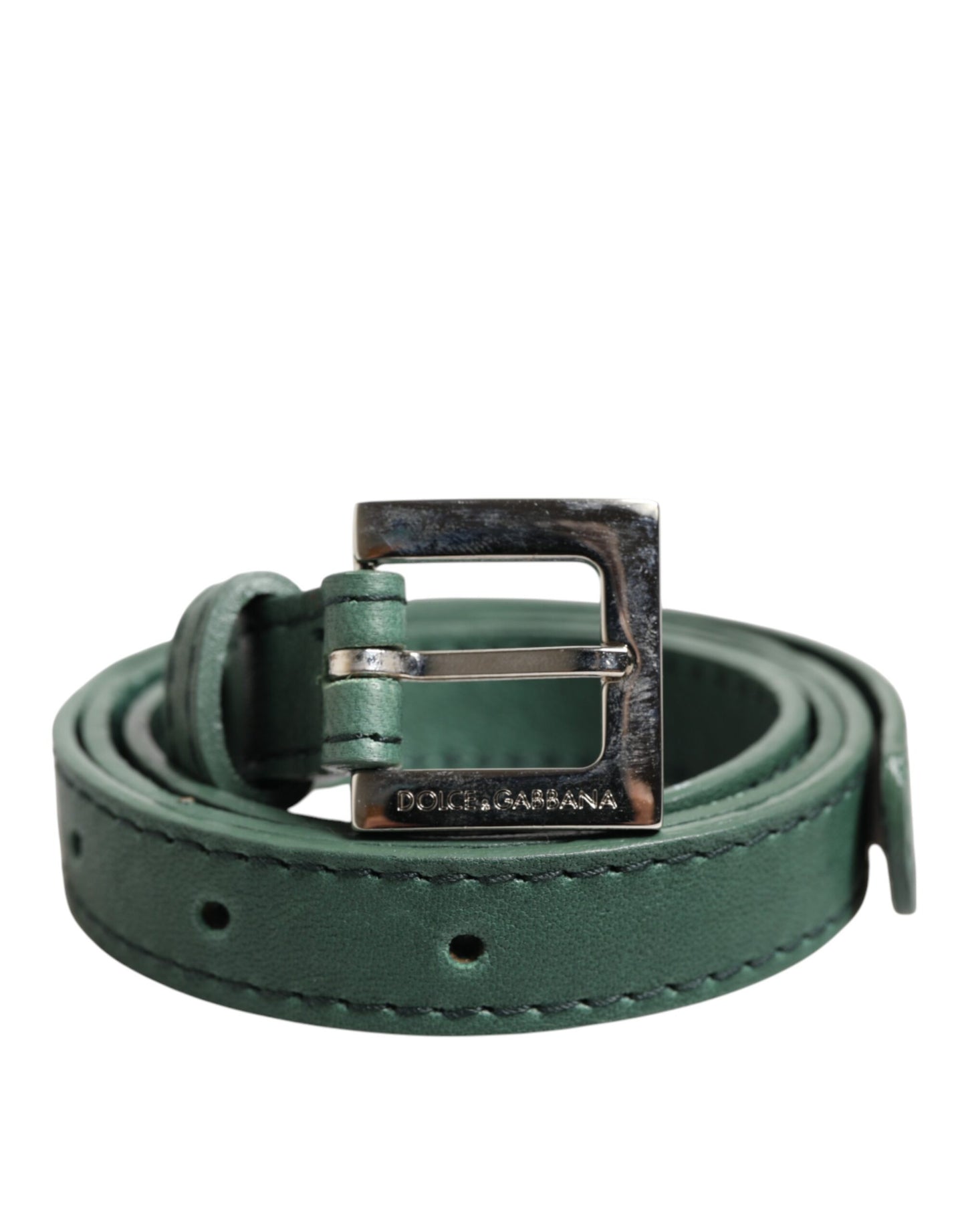 Dolce & Gabbana Dark Green Leather Silver Metal Buckle Belt