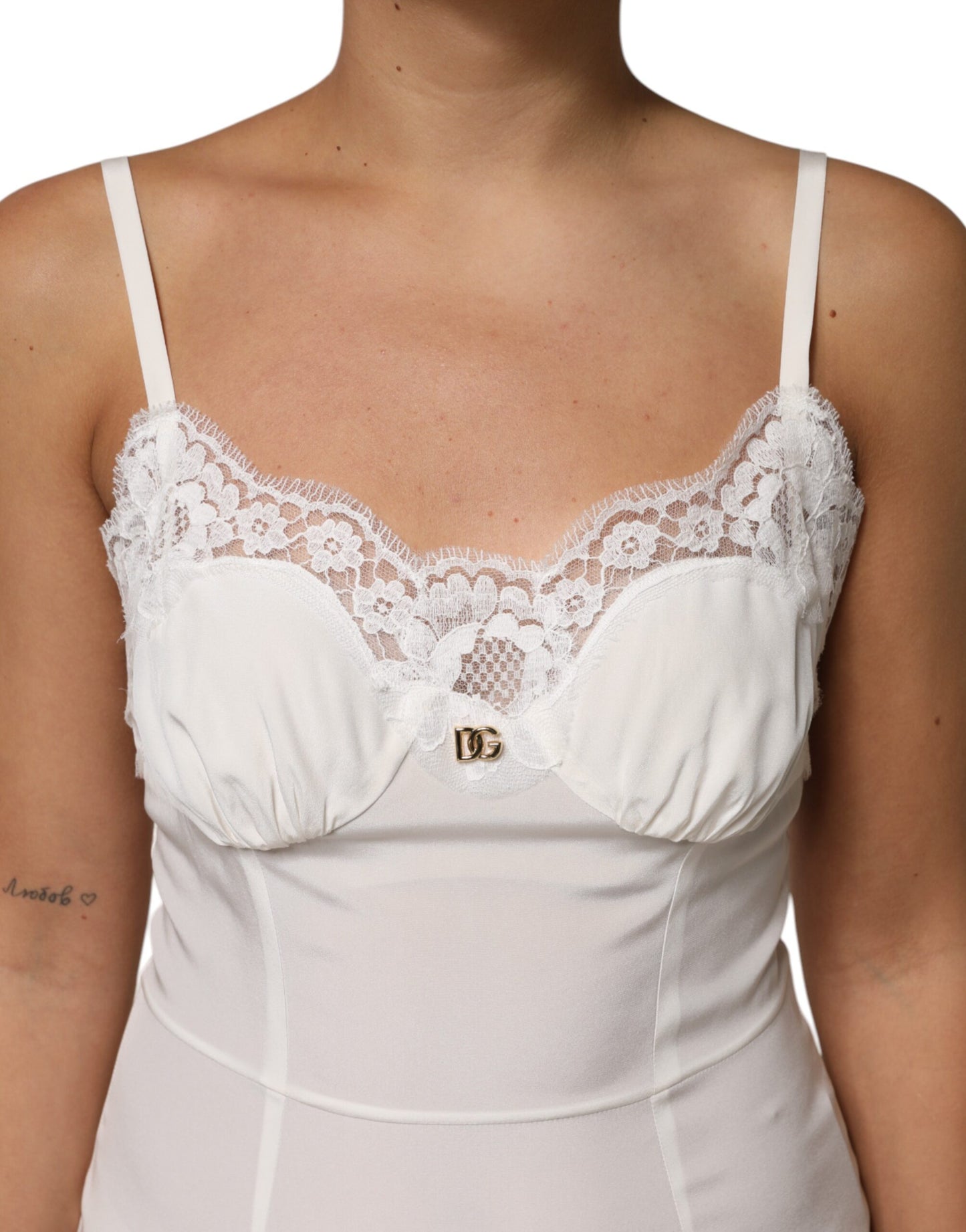 Dolce & Gabbana White Lace DG Logo Silk Dress Sleepwear