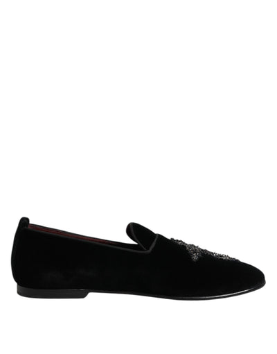 Dolce &amp; Gabbana – Loafer-Schlupfschuhe aus schwarzem Samt mit Verzierung